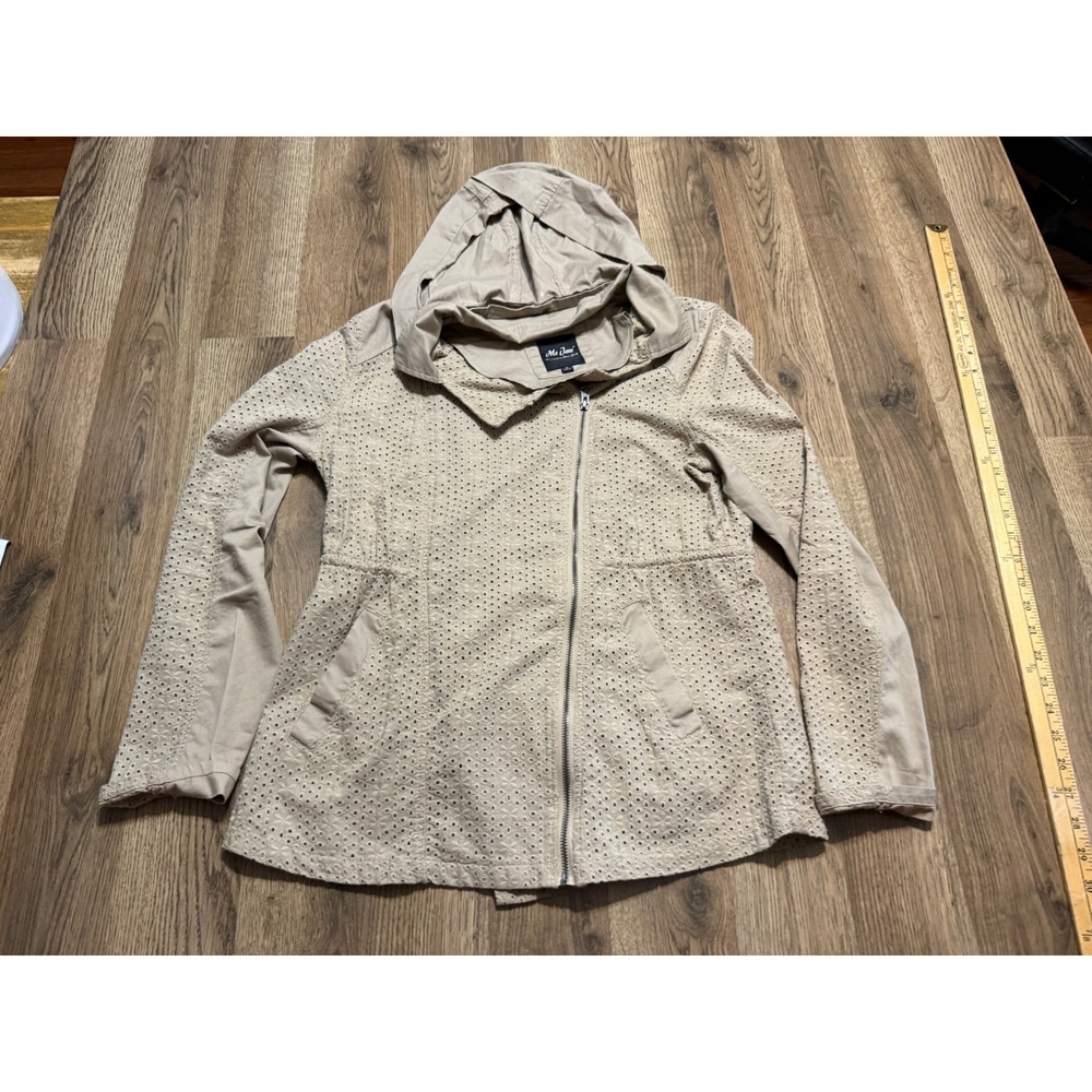 Me Jane Jacket Women Size S Tan Full Zip Eyelet Hooded Lightweight Cotton